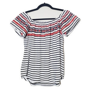 Anthropologie THML Top Womens Medium Off The Shoulder Embroidered‎ Striped White